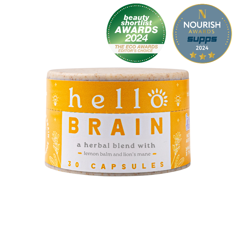 Container of 'hello BRAIN' capsules with awards on a white background